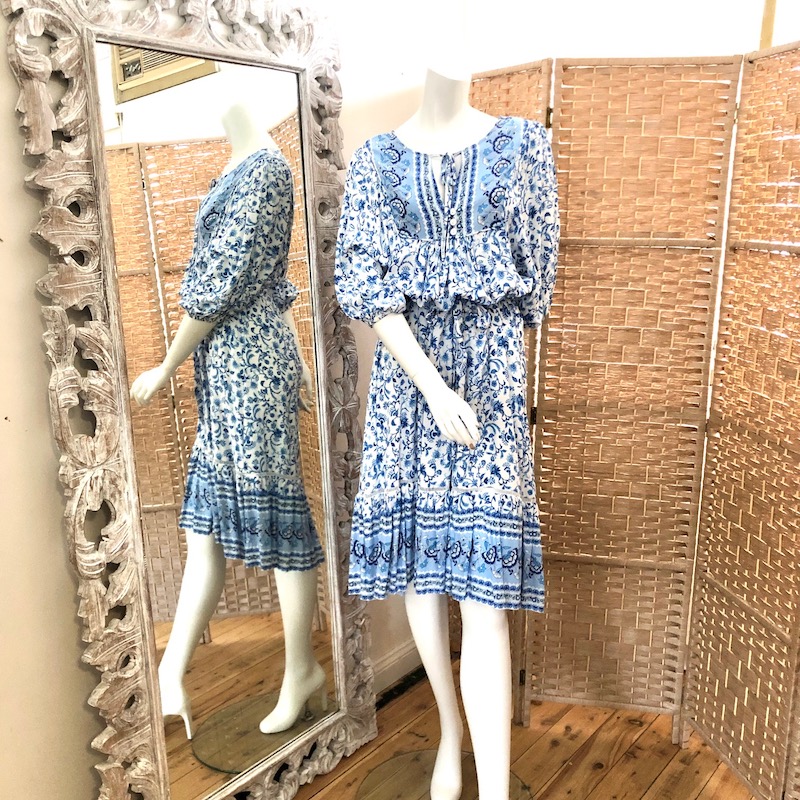 Blue & White Short Boho Dress - The Collab Store